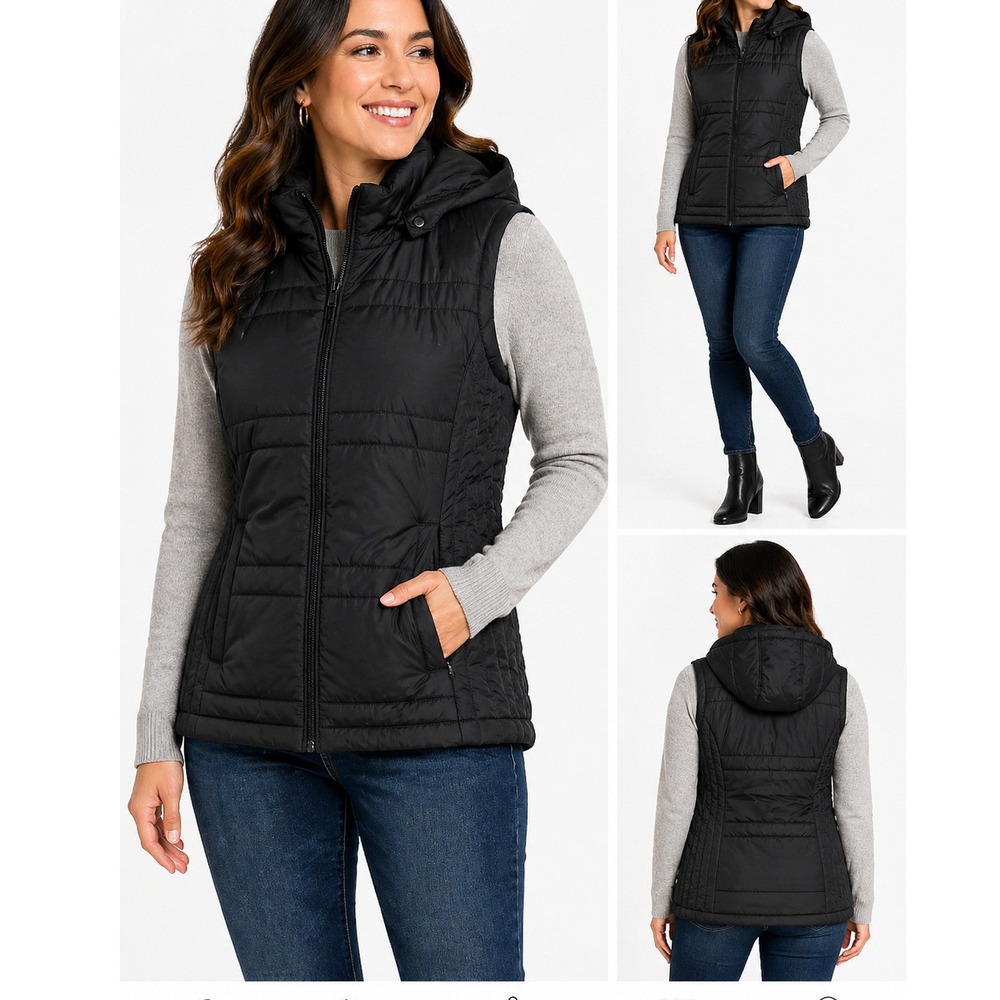 New York‎ & Company Womens Size L Black Hooded Puffer Vest Quilted Full Zip